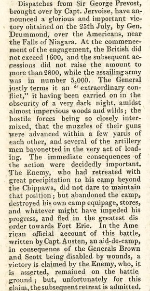 News clipping claiming a British victory at the Battle of Lundy's Lane, Sept. 1814
