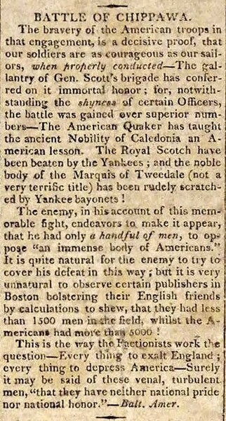 Battle of Chippewa news clipping from the Independent Chronicle, August 4, 1814.
