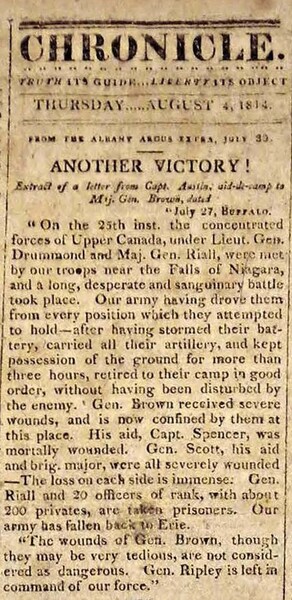 News clipping from the Independent Chronicle about the Battle of Lundy's Lane, August 4, 1814.
